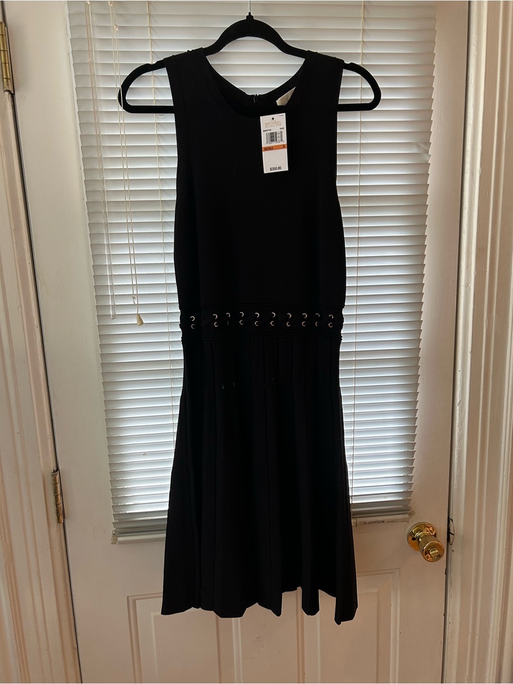 Michael Kors Black Sleeveless Fit-and-Flare Midi Dress with Eyelet Waist